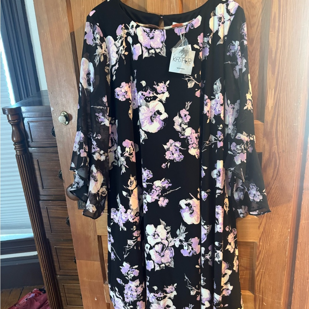 Kasper Black and Purple Floral Long Sleeve Dress